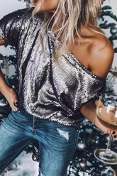 Solid Sequins One Shoulder T-Shirts Sai Feel